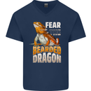 Fear the Bearded Dragon Mens V-Neck Cotton T-Shirt Navy Blue