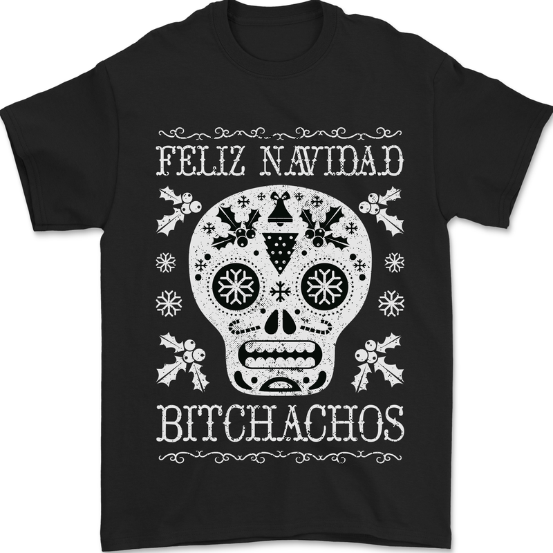 Feliz Navidad Sugar Skull Christmas Xmas Mens T-Shirt 100% Cotton Black