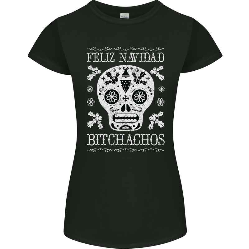 Feliz Navidad Sugar Skull Christmas Xmas Womens Petite Cut T-Shirt Black