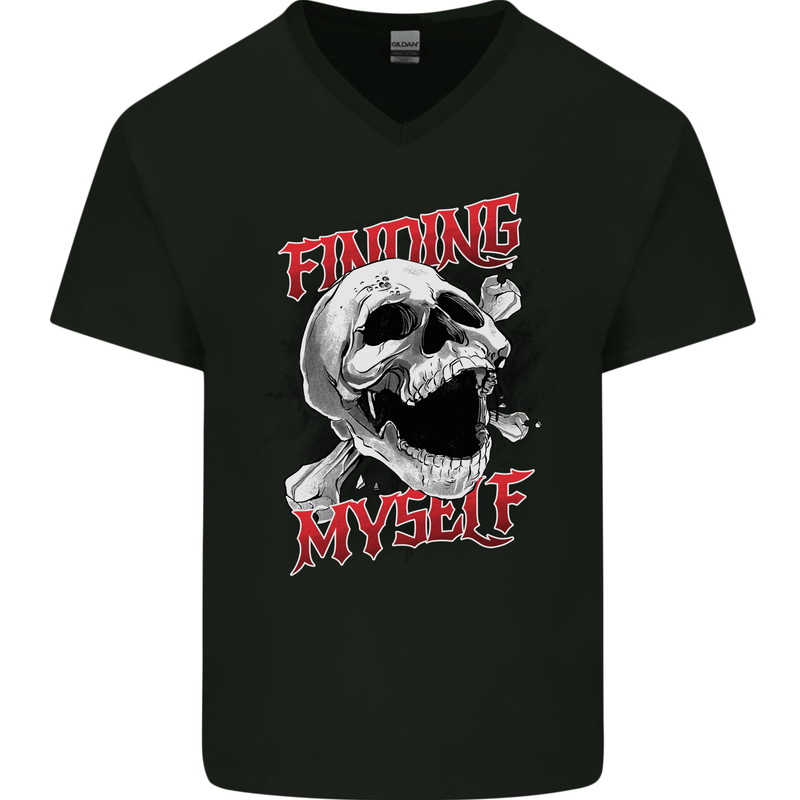 Finding Myself Skull Mens V-Neck Cotton T-Shirt Black