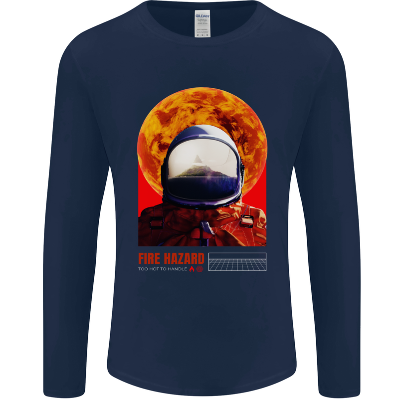 Fire Hazard Too Hot to Handle Astronaut Space Mens Long Sleeve T-Shirt Navy Blue