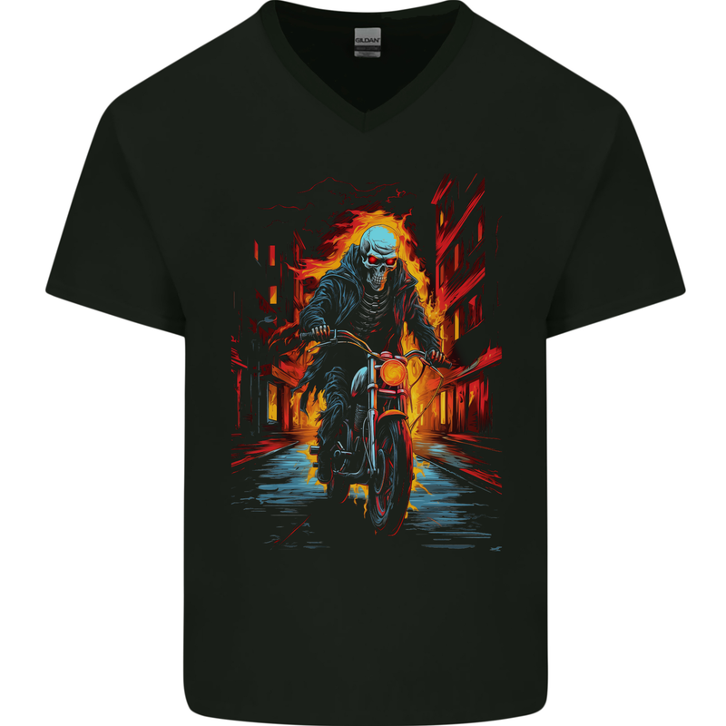 Fire Skull Rider Cafe Racer Motorcycle Biker Mens V-Neck Cotton T-Shirt Black