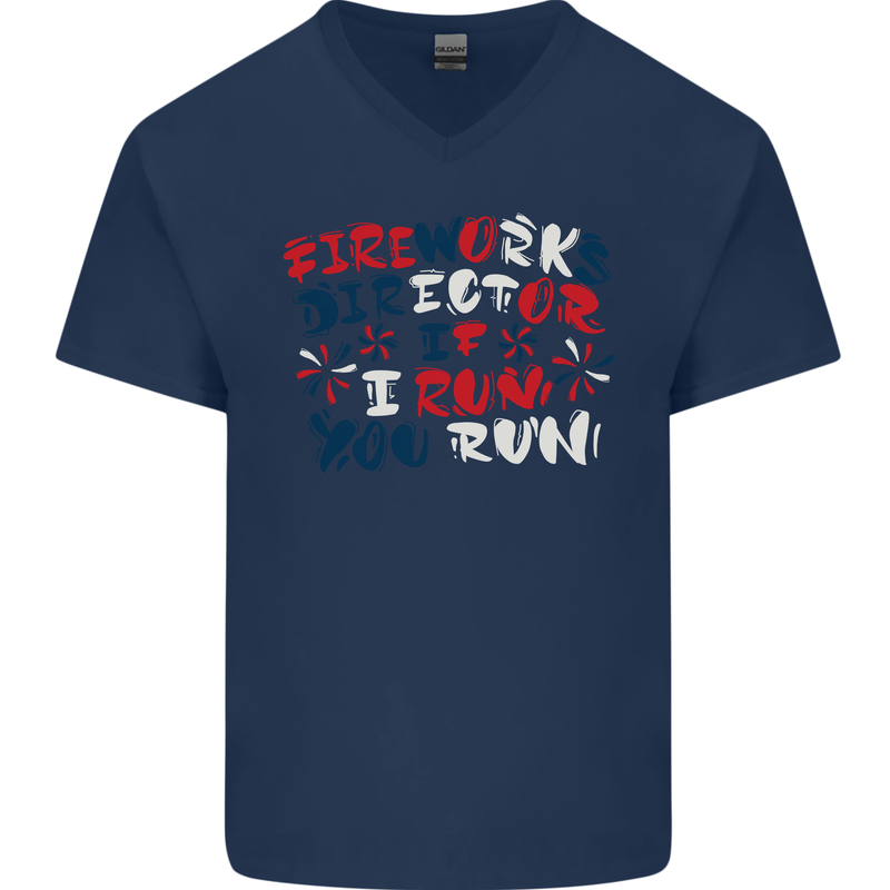 Fireworks Director Funny Bonfire Night July 4th Mens V-Neck Cotton T-Shirt Navy Blue