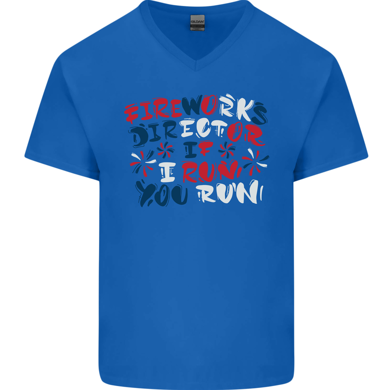 Fireworks Director Funny Bonfire Night July 4th Mens V-Neck Cotton T-Shirt Royal Blue