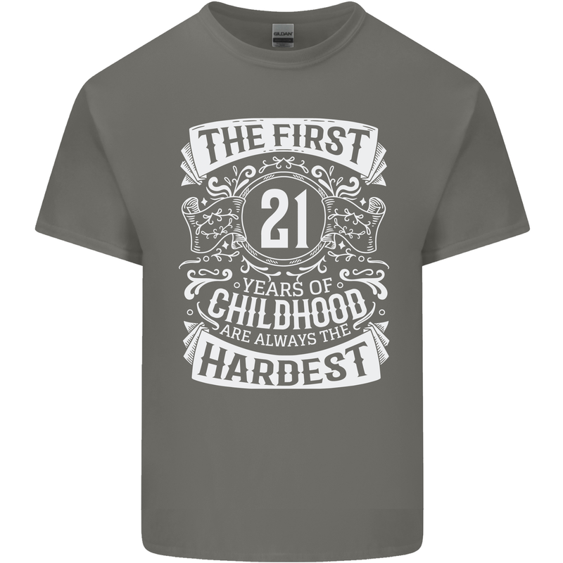 First 21 Years of Childhood Funny 21st Birthday Mens Cotton T-Shirt Tee Top Charcoal