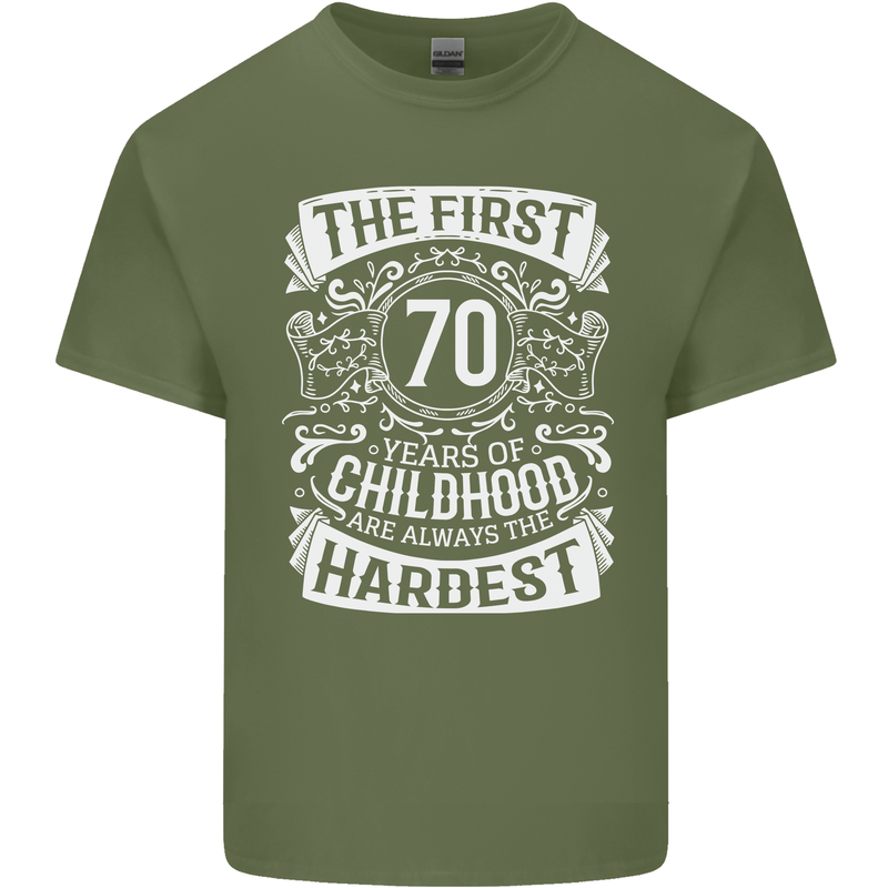 First 70 Years of Childhood Funny 70th Birthday Mens Cotton T-Shirt Tee Top Military Green