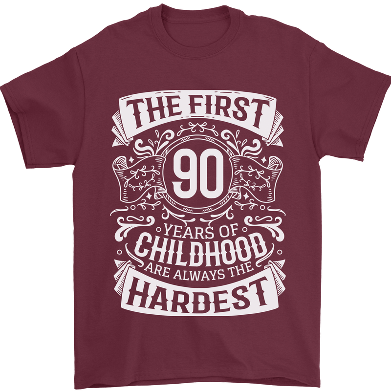 First 90 Years of Childhood Funny 90th Birthday Mens T-Shirt 100% Cotton Maroon