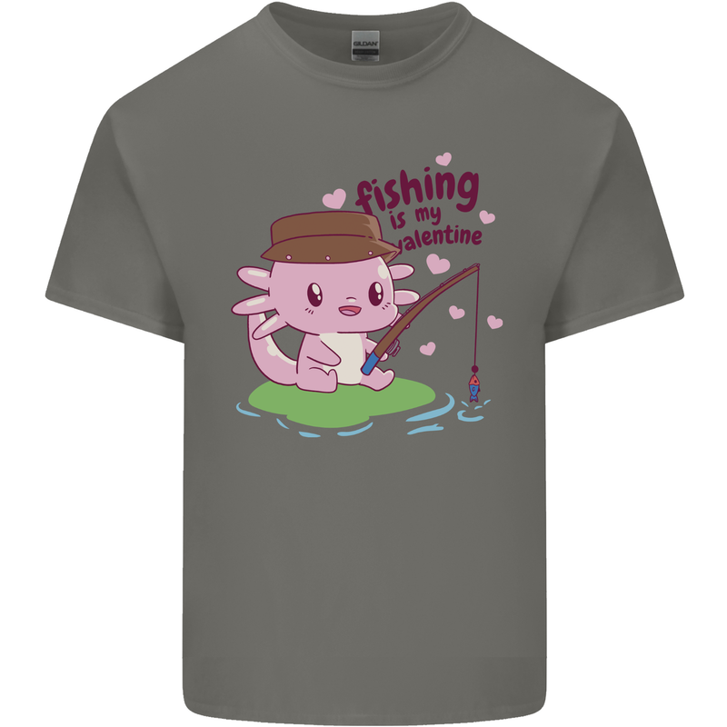 Fishing Axolotl Anti Valentines Day Fisherman Kids T-Shirt Childrens Charcoal