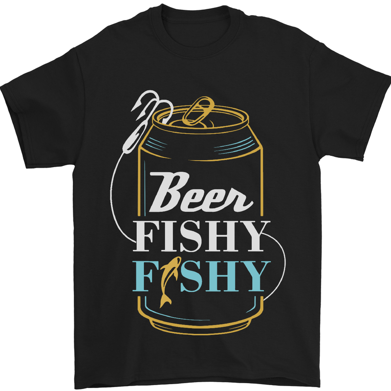 Fishing Beer Here Fishy Fisherman Funny Mens T-Shirt Cotton Gildan Black