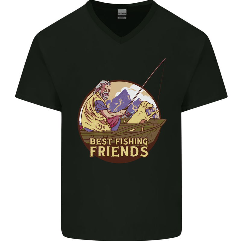 Fishing Dog Fisherman's Best Friend Mens V-Neck Cotton T-Shirt Black