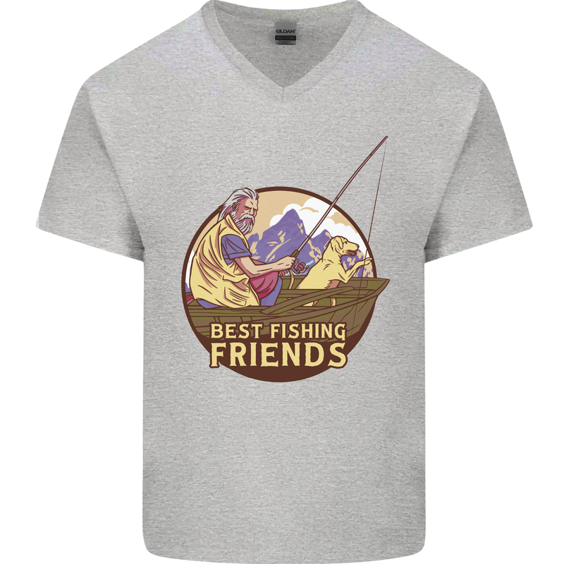 Fishing Dog Fisherman's Best Friend Mens V-Neck Cotton T-Shirt Sports Grey