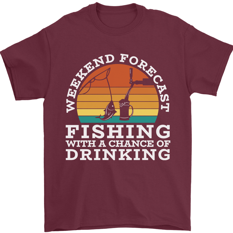 Fishing Forecast Funny Fisherman Beer Alcohol Mens T-Shirt 100% Cotton Maroon