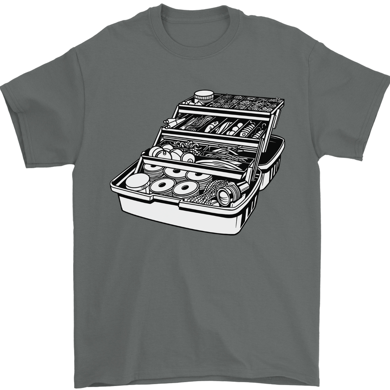 Fishing Tackle Box Fisherman Mens T-Shirt 100% Cotton Charcoal