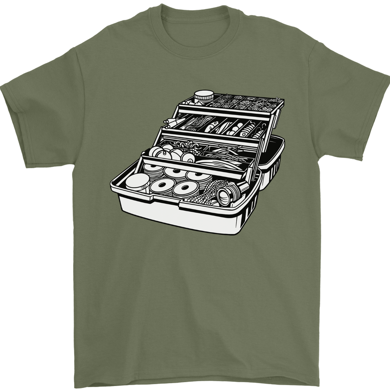 Fishing Tackle Box Fisherman Mens T-Shirt 100% Cotton Military Green