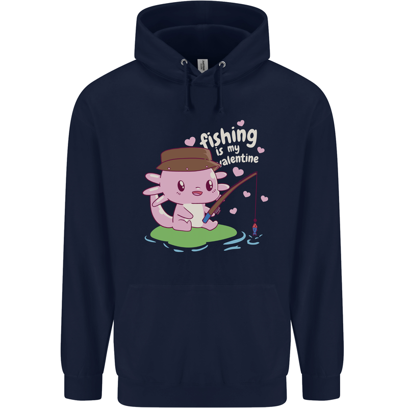 Fishing is My Valentine Funny Axolotl Mens 80% Cotton Hoodie Navy Blue