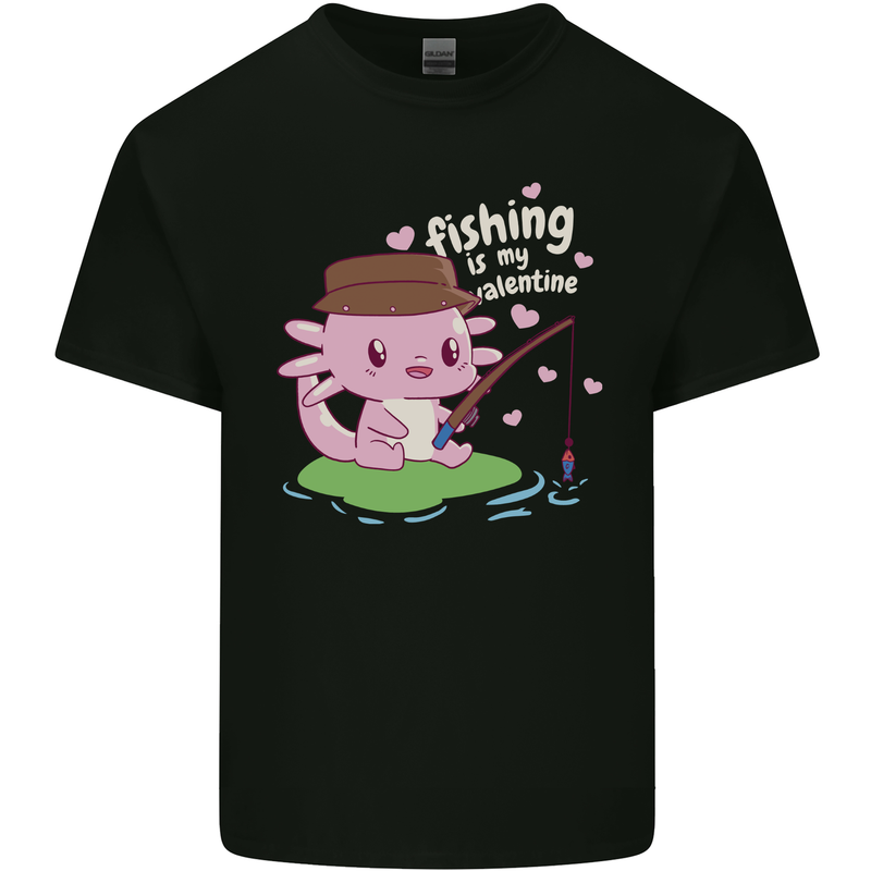 Fishing is My Valentine Funny Axolotl Mens Cotton T-Shirt Tee Top Black