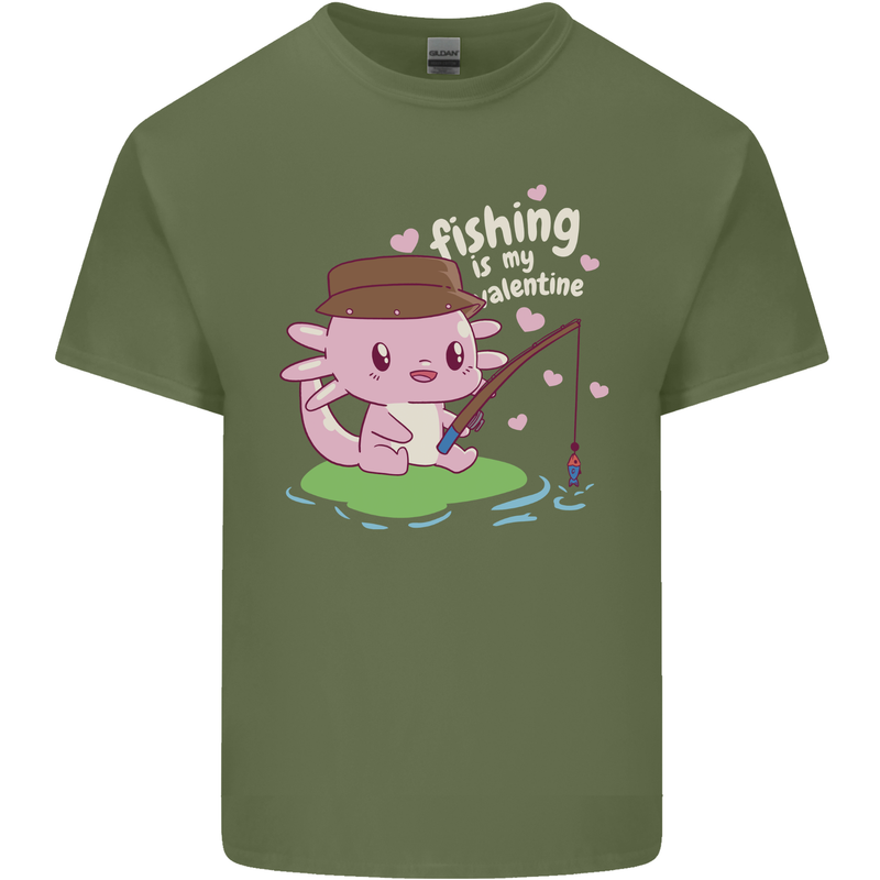 Fishing is My Valentine Funny Axolotl Mens Cotton T-Shirt Tee Top Military Green