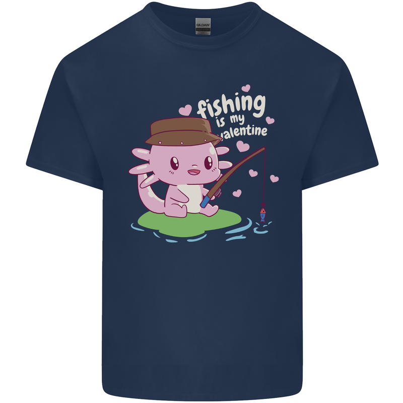 Fishing is My Valentine Funny Axolotl Mens Cotton T-Shirt Tee Top Navy Blue