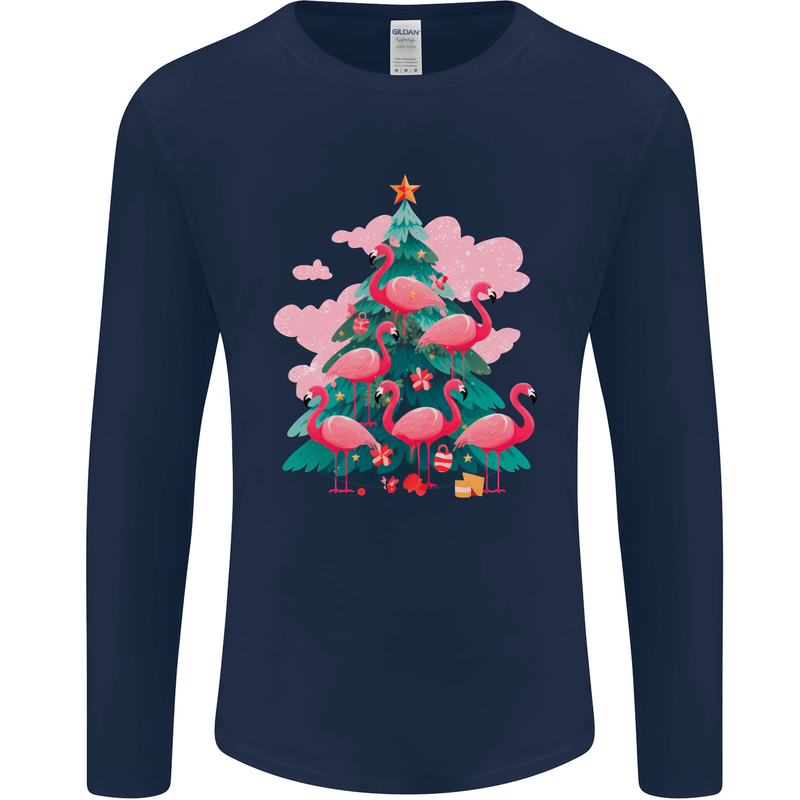 Flamingo Christmas Tree Xmas Mens Long Sleeve T-Shirt Navy Blue
