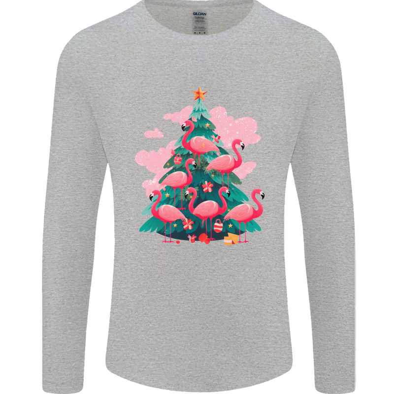Flamingo Christmas Tree Xmas Mens Long Sleeve T-Shirt Sports Grey