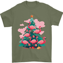 Flamingo Christmas Tree Xmas Mens T-Shirt 100% Cotton Military Green