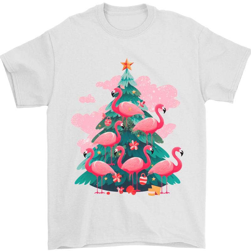 Flamingo Christmas Tree Xmas Mens T-Shirt 100% Cotton White