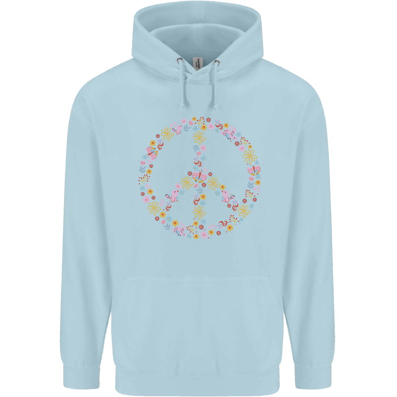 Floral Peace Symbol Hippie Love Childrens Kids Hoodie Light Blue