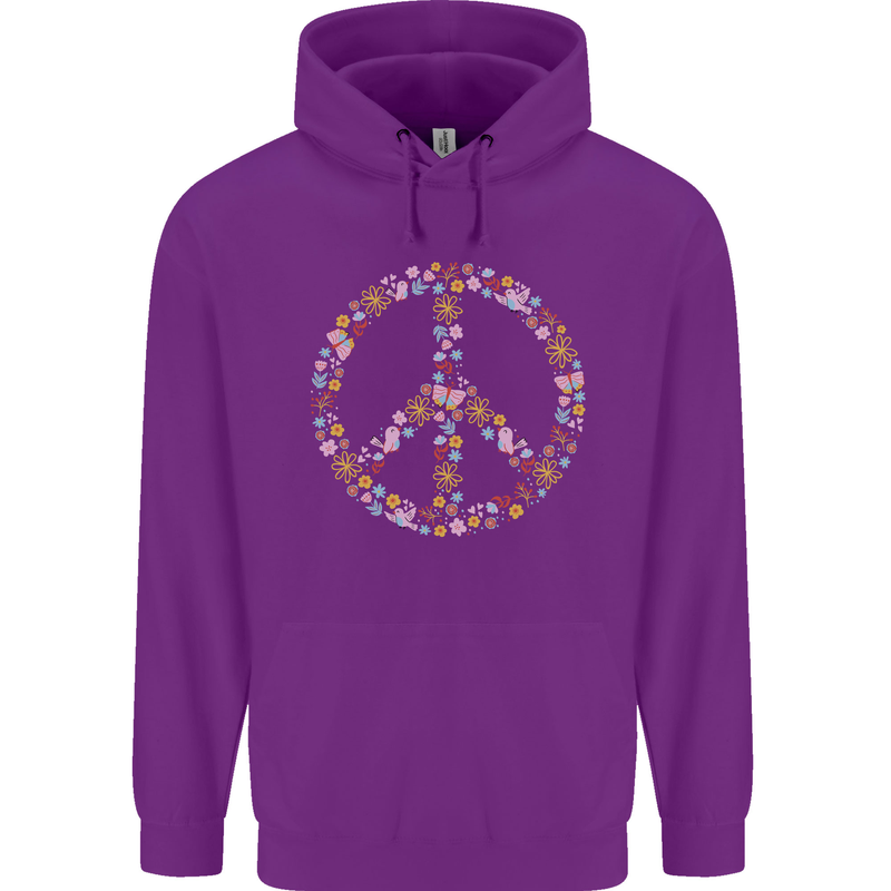 Floral Peace Symbol Hippie Love Childrens Kids Hoodie Purple
