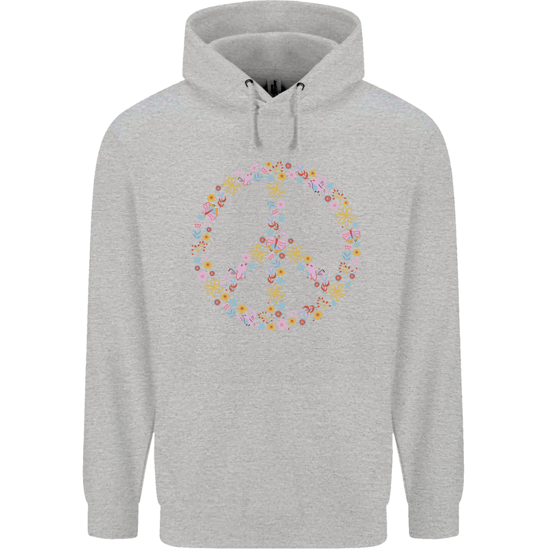 Floral Peace Symbol Hippie Love Childrens Kids Hoodie Sports Grey