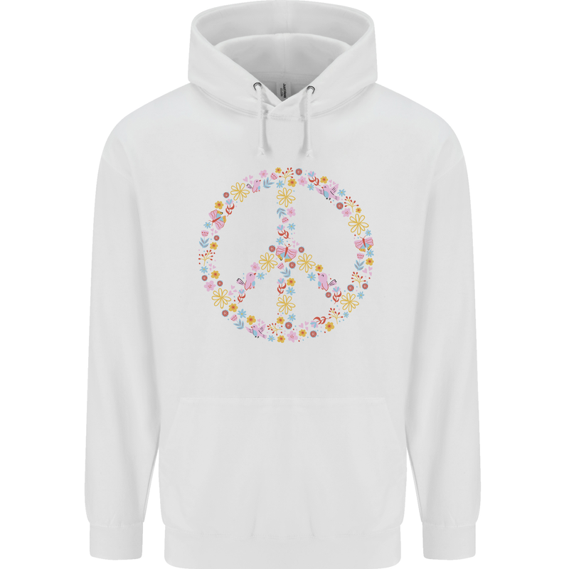 Floral Peace Symbol Hippie Love Childrens Kids Hoodie White