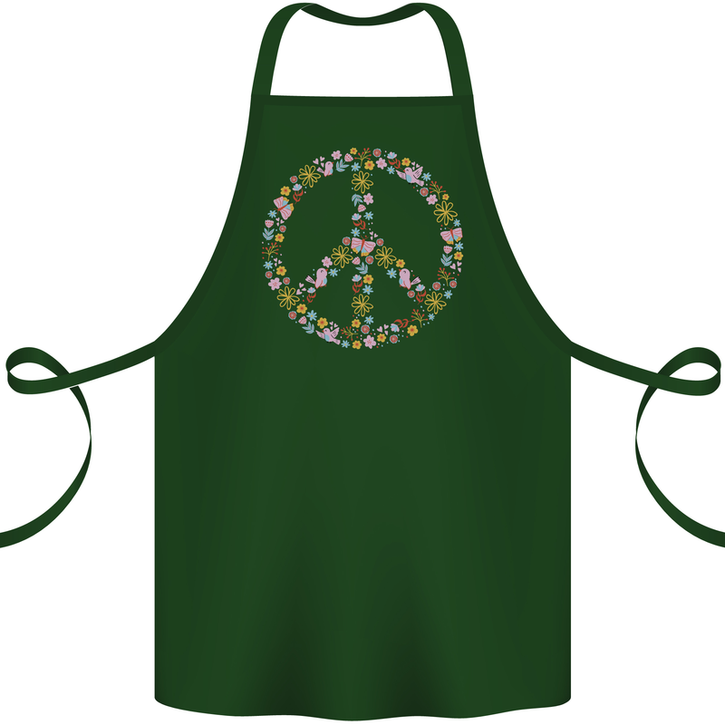 Floral Peace Symbol Hippie Love Cotton Apron 100% Organic Forest Green