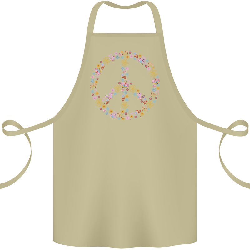 Floral Peace Symbol Hippie Love Cotton Apron 100% Organic Khaki