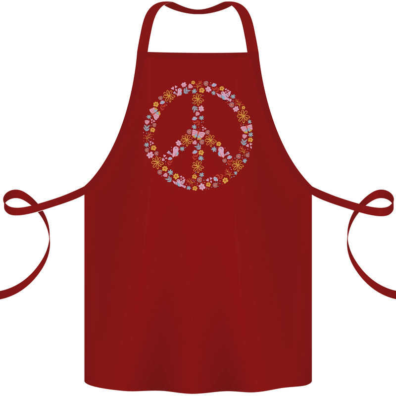Floral Peace Symbol Hippie Love Cotton Apron 100% Organic Maroon