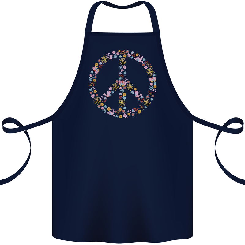 Floral Peace Symbol Hippie Love Cotton Apron 100% Organic Navy Blue