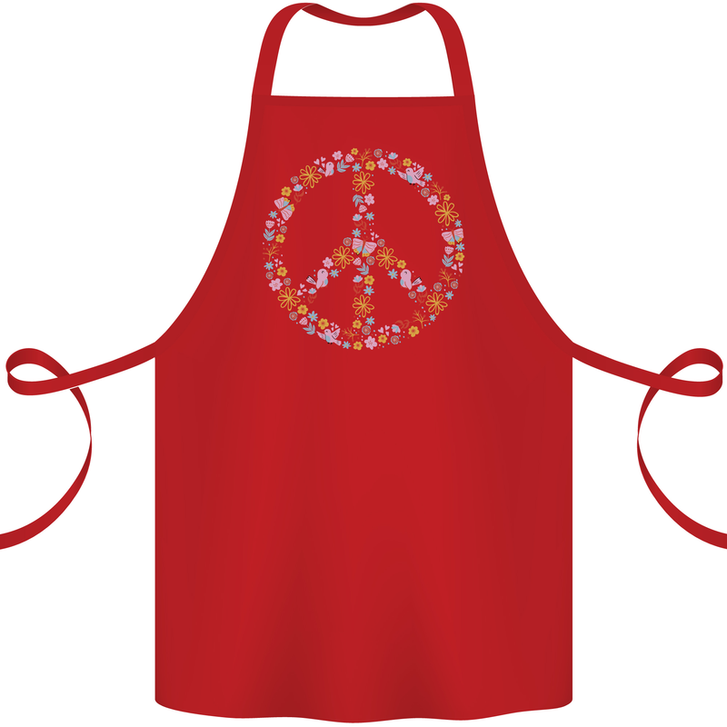 Floral Peace Symbol Hippie Love Cotton Apron 100% Organic Red