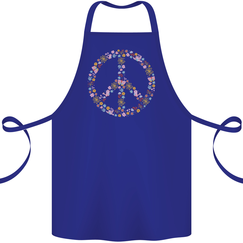Floral Peace Symbol Hippie Love Cotton Apron 100% Organic Royal Blue