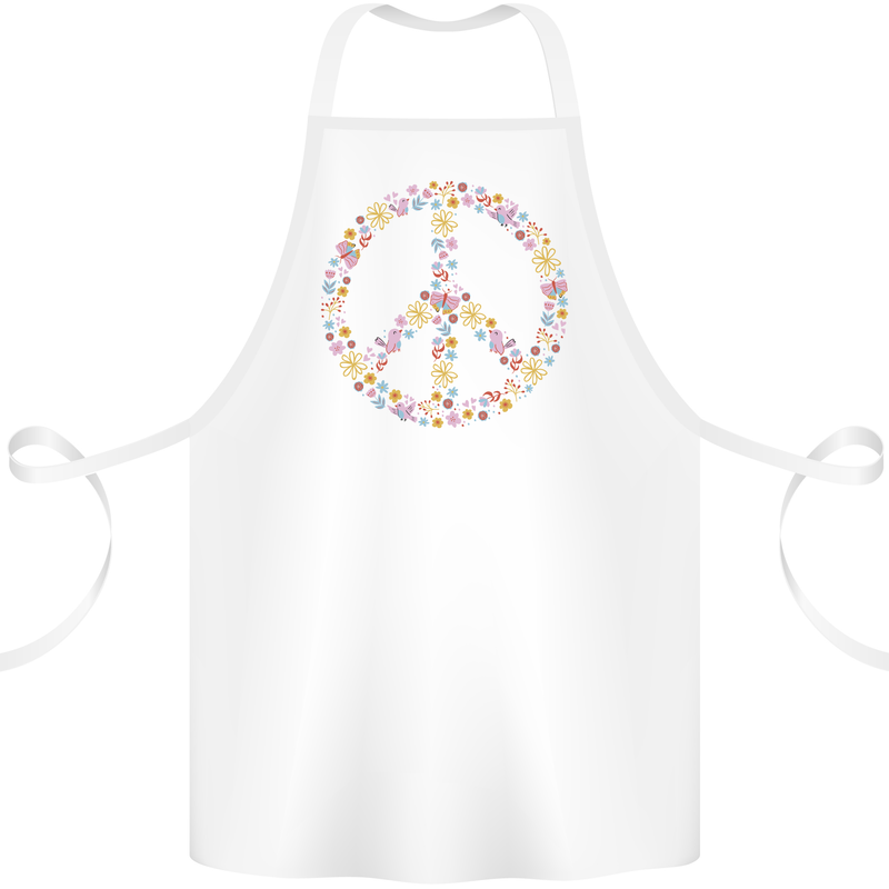 Floral Peace Symbol Hippie Love Cotton Apron 100% Organic White