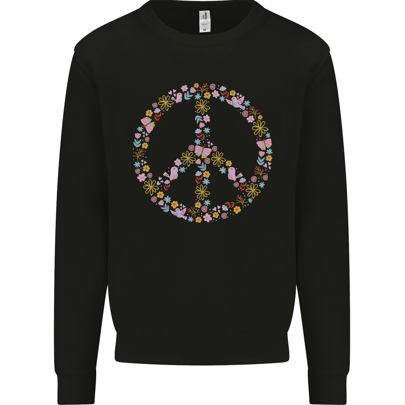 Floral Peace Symbol Hippie Love Kids Sweatshirt Jumper Black