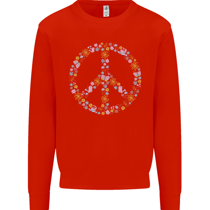 Floral Peace Symbol Hippie Love Kids Sweatshirt Jumper Bright Red