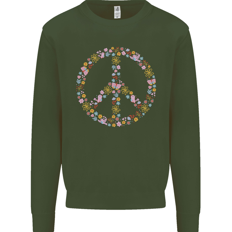 Floral Peace Symbol Hippie Love Kids Sweatshirt Jumper Forest Green