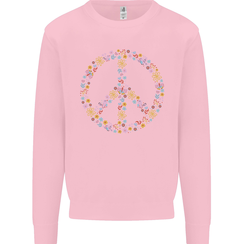 Floral Peace Symbol Hippie Love Kids Sweatshirt Jumper Light Pink