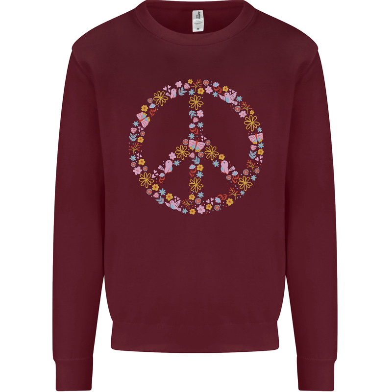 Floral Peace Symbol Hippie Love Kids Sweatshirt Jumper Maroon