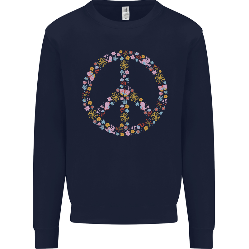 Floral Peace Symbol Hippie Love Kids Sweatshirt Jumper Navy Blue