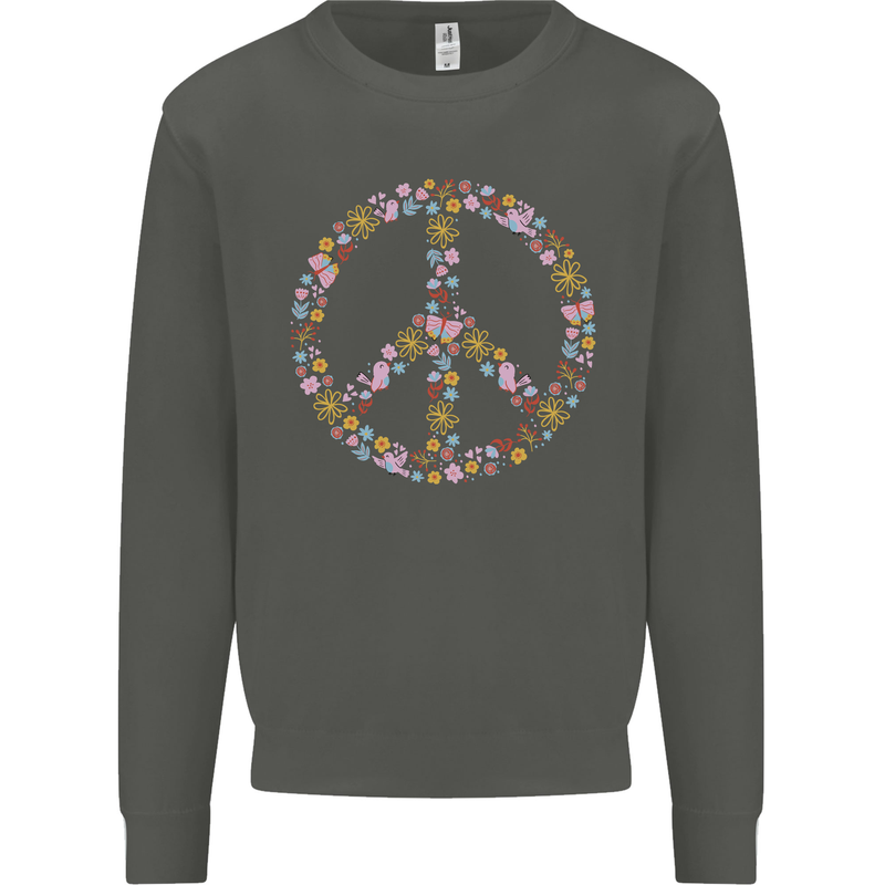 Floral Peace Symbol Hippie Love Kids Sweatshirt Jumper Storm Grey