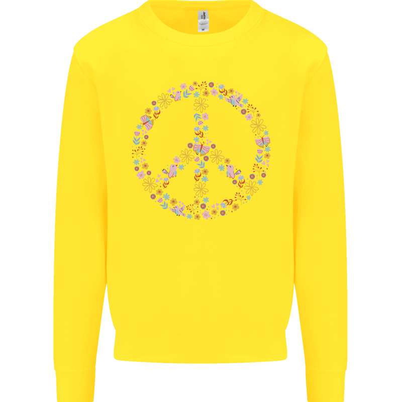 Floral Peace Symbol Hippie Love Kids Sweatshirt Jumper Yellow