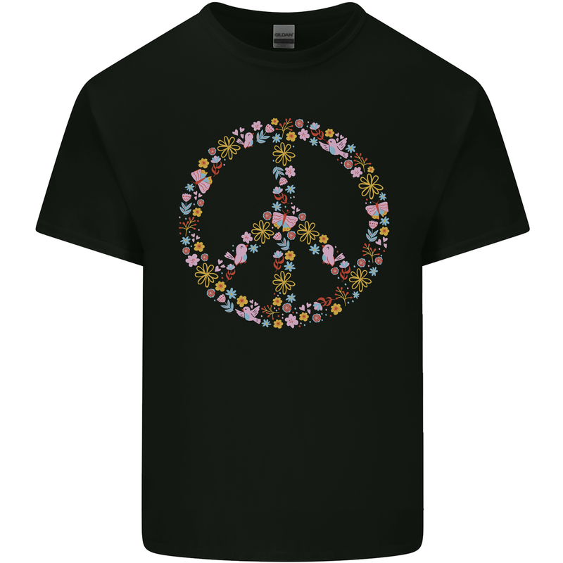 Floral Peace Symbol Hippie Love Kids T-Shirt Childrens Black