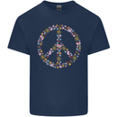 Floral Peace Symbol Hippie Love Kids T-Shirt Childrens Navy Blue
