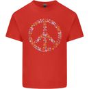 Floral Peace Symbol Hippie Love Kids T-Shirt Childrens Red