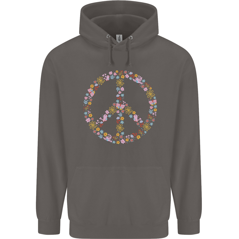 Floral Peace Symbol Hippie Love Mens 80% Cotton Hoodie Charcoal