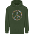 Floral Peace Symbol Hippie Love Mens 80% Cotton Hoodie Forest Green